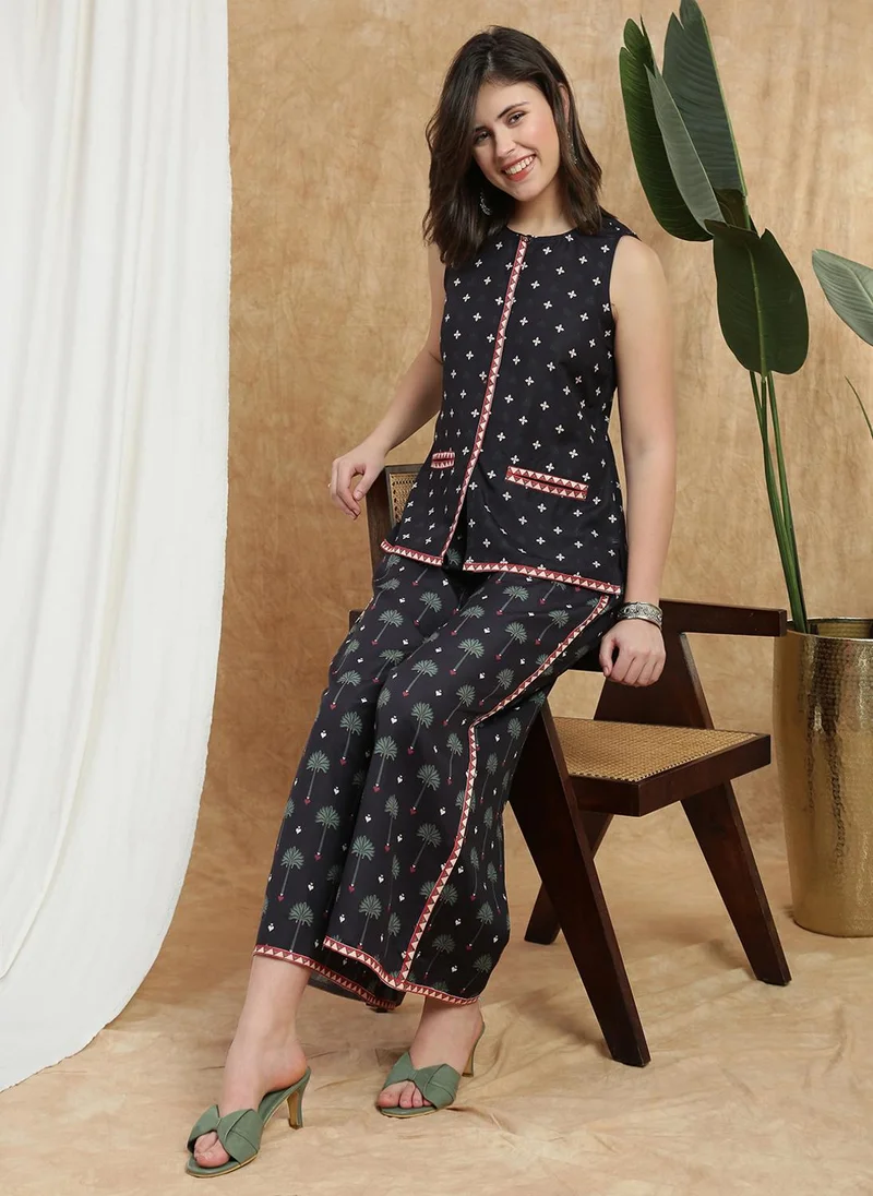 globus Globus Women Black Round Neck Mandarin Collar Ethnic Print Flared Tunic & Palazzos Fusion Co-Ord Set